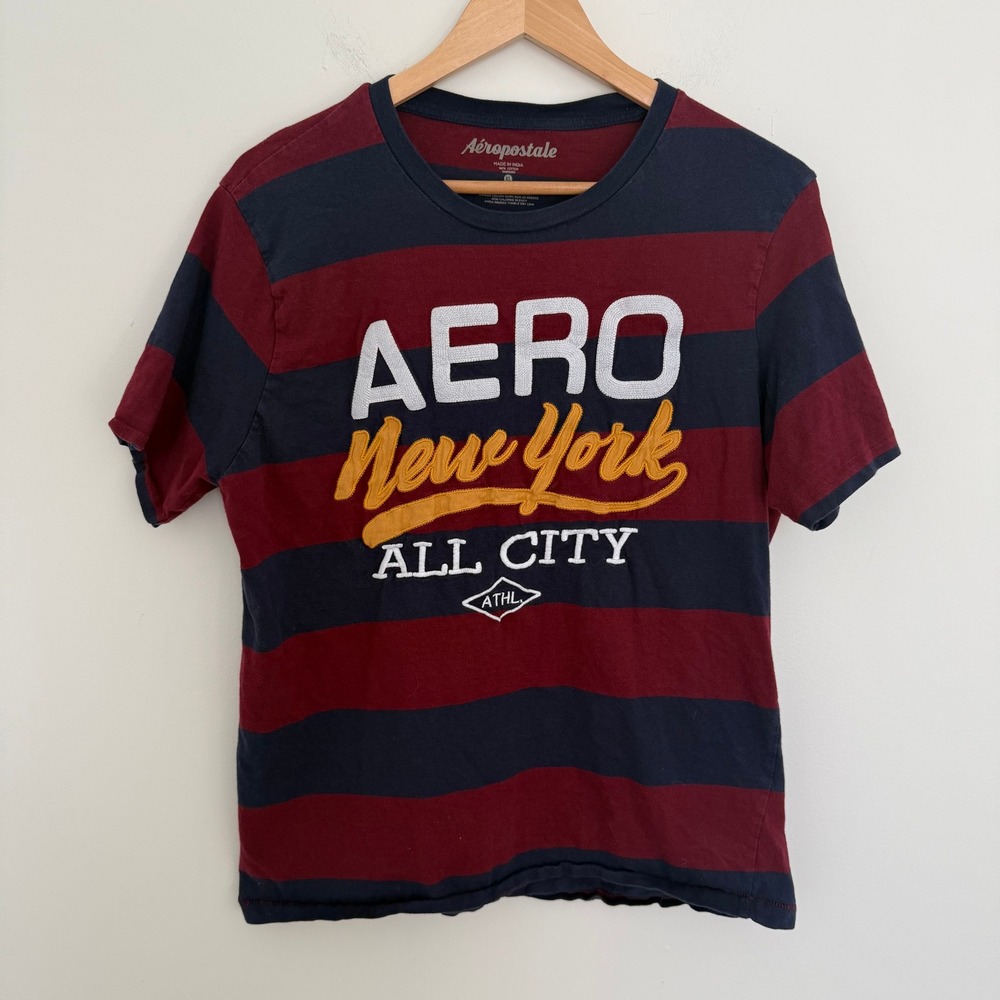 Aeropostale Mens XL T-Shirt Navy Burgundy Striped Aero NY Graphic Tee Cotton Y2K